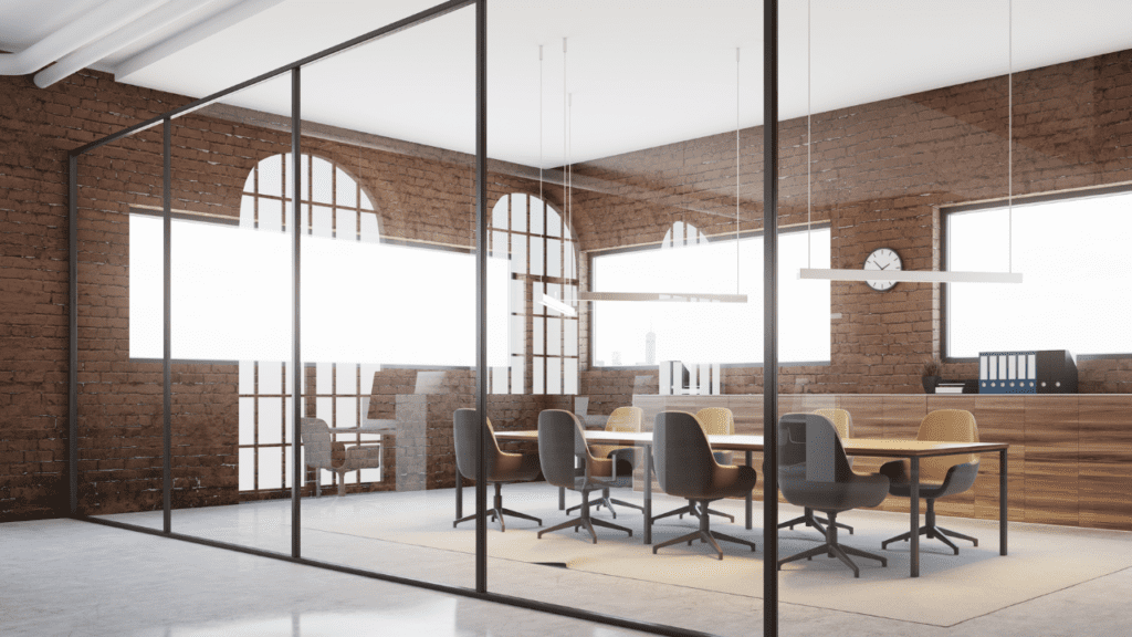 A conference room with glass walls and a table.