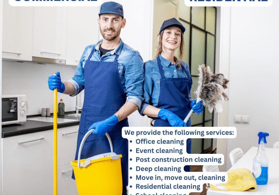 A man and woman holding cleaning supplies in their hands.